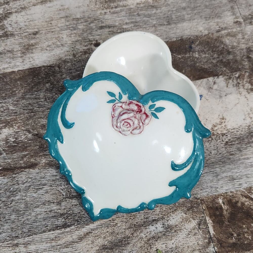 Vintage 1957 USA Ceramic Heart Trinket Box Pink Rose Turquoise MCM Jewelry